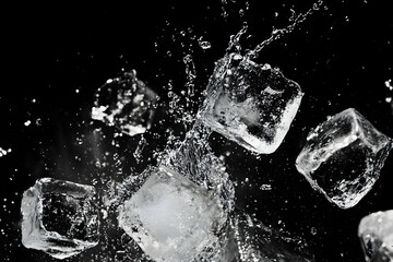 Exploding ice cubes captured mid-air against dark background