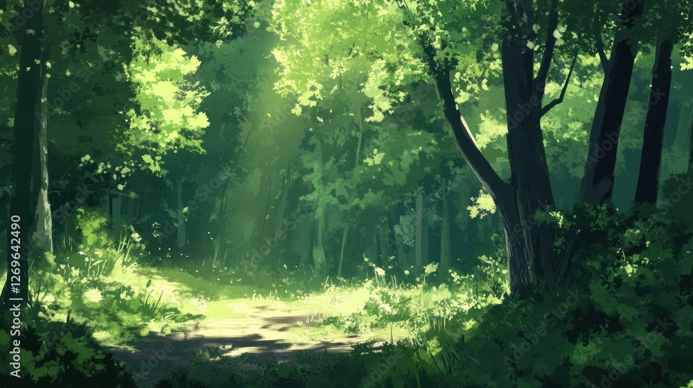 Poster Sunlight filters through trees creating a serene forest scene