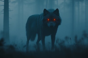 Spooky black wolf with glowing red eyes standing in a dark misty forest at night