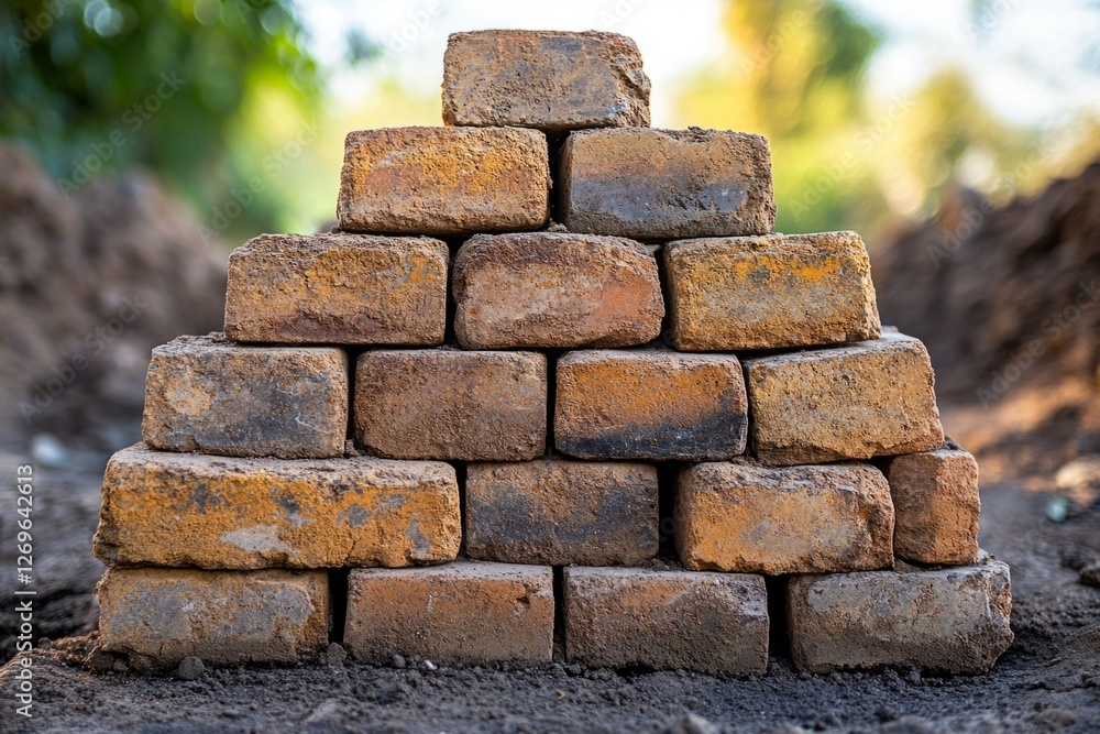 Poster stacked bricks creating a pyramid shape on a construction site, symbolizing building and growth
