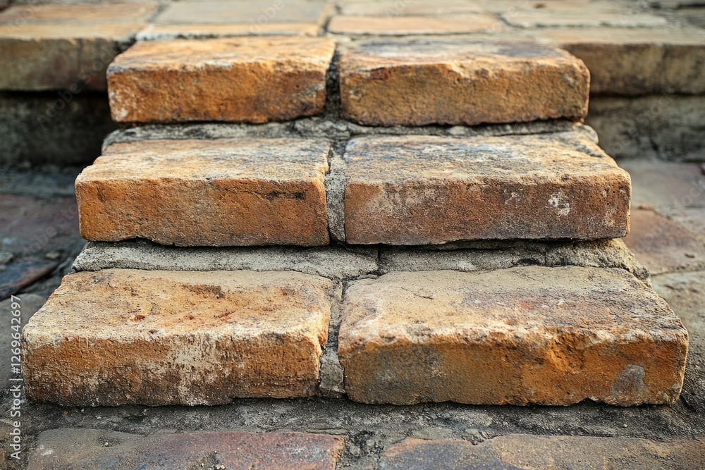 Poster close up of weathered brick steps showing deterioration from age and the elements