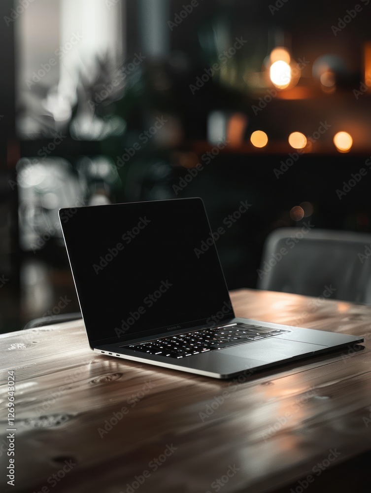 Poster a silver laptop rests partially open on a minimalist desk, illuminated by soft ambient light in a se