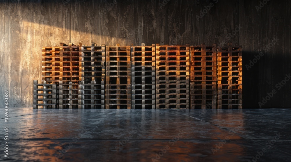 Poster rows of neatly arranged shipping pallets highlight supply chain efficiency with soft natural lightin