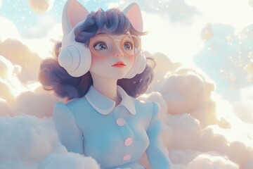 Fototapeta premium A dreamy 3D anime girl with cat ears, headphones, and glasses, sits amidst fluffy clouds.
