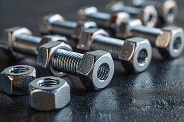 Organized nuts and bolts highlight their construction importance, beautifully lit for detail