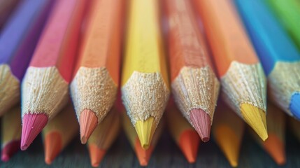A vibrant array of wooden pencils aligned in a gradient, highlighted by gentle natural light revealing their texture
