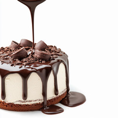biscuit cake poured with chocolate glaze on white background