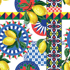 Seamless pattern with lemons and vivid tile ornament. Vector.