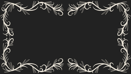 Vector frame with white gothic floral ornaments on black background, classic and mysterious decoration