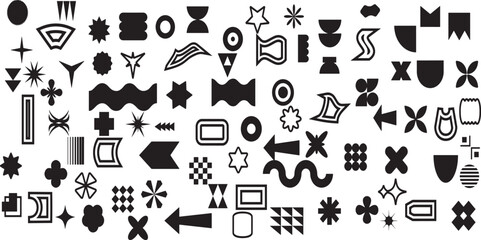 Set of abstract isolated retro futuristic geometric elements in y2k style.