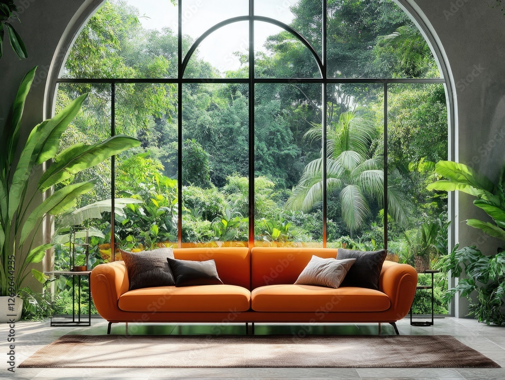 Sticker Orange couch in front of large window