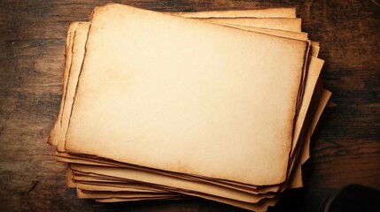 A stack of blank vintage paper sheets on an aged- textured background. The composition captures the elegance of old parchment- ideal for retro or historical visuals.