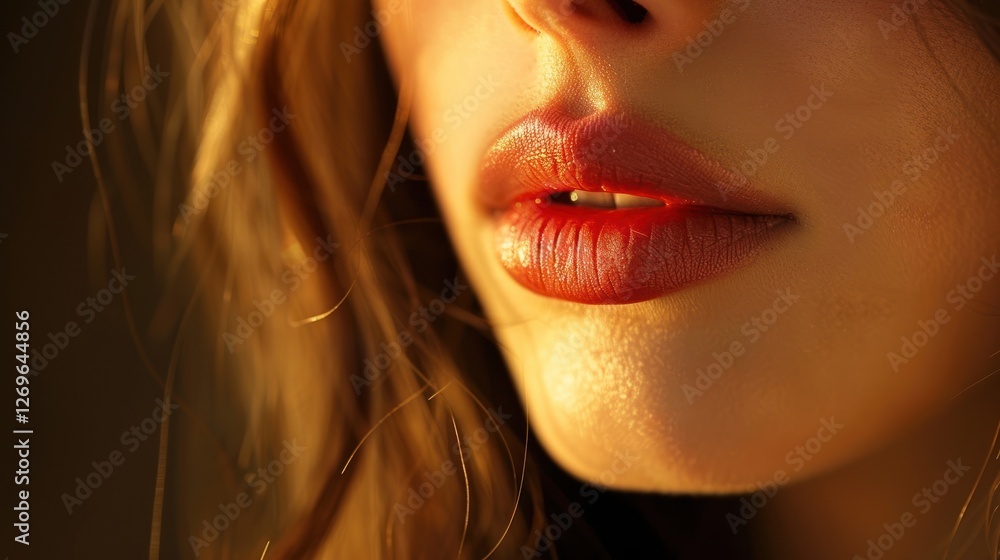 Poster lips gently parted in soft light express uncertainty and emotion, surrounded by a gentle glow creati