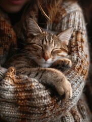 A cat curls up comfortably in the arms of a rescue volunteer, enveloped in a warm embrace that radiates trust and peace