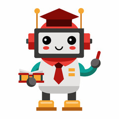 A friendly cartoon robot wearing a graduation cap and tie, holding a book and a pointer.