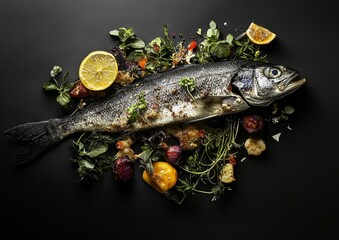 A beautifully presented whole baked fish garnished with fresh herbs, lemon slices, and colorful vegetables. This dish is perfect for seafood lovers, showcasing the art of culinary presentation and the