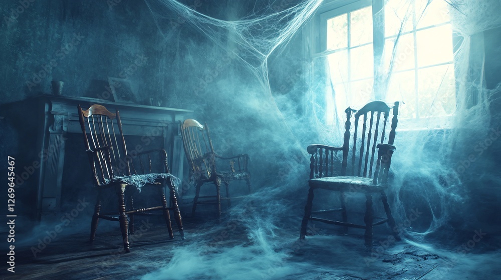 Poster fog rolling through cobweb covered room with chairs