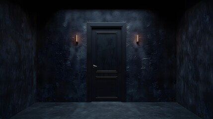 Obraz premium Ominous dark gothic hallway with a mysterious looming doorway in the shadows