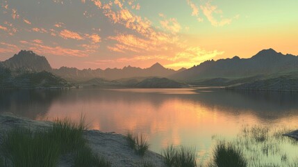 Fototapeta premium Tranquil lake reflecting the sky and mountains at sunset
