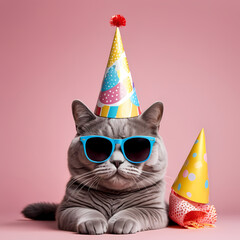 cat in party hat and sunglasses, happy anniversary concept, panoramic layout 