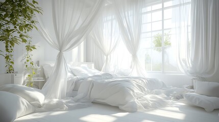 A bold and bright boho bedroom with striking wall art