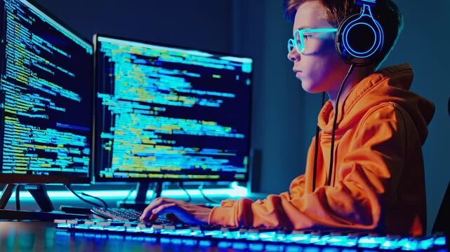 Neon-lit workspace reveals young coder in action. Focused teen programmer in orange hoodie masters dual-screen setup with visible syntax displays. Static wide shot.
