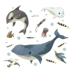 Sea habitants such as fishes, jellyfishes etc. Vector.