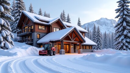 Fototapeta premium Snow blower in action, Mountain lodge entrance cleared by blower clear peak skyline snow arcs.