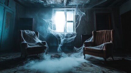 Two old armchairs covered in cobwebs are standing in an abandoned room