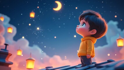 Naklejka premium Boy Watching Ramadan Crescent Moon
