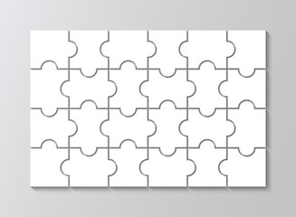 Puzzle grid template with 4x6 details. Puzzle pieces. Jigsaw layout. Laser cut frame. Vector illustration. Thinking mosaic game with 24 separate shapes on background. Paper leisure toy.