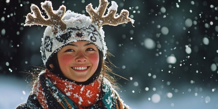 Woman in Reinder Hat and Scarf in Snow