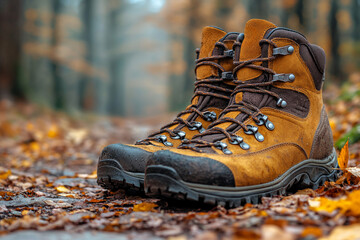 Customizable hiking boots displayed on dirt trail covered scattered autumn leaves. setting highlights outdoor adventure atmosphere perfect for showcasing outdoor gear.
