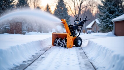 Snow blower in action, Suburban driveway with snow blower clearing path crisp background dynamic snow cascade.
