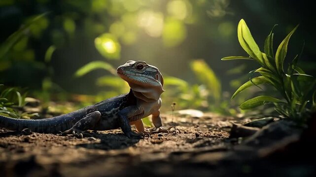 Scene of a lizard walking in a tropical forest, smooth repetitive motion for background video animation