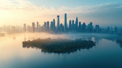 Fototapeta premium Misty sunrise cityscape, island park, tranquil lake. Stock photo