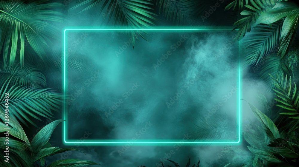 Poster luminous rectangular frame surrounded by tropical green foliage and mist