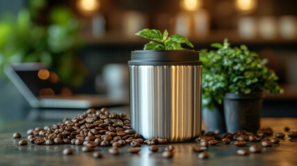 Professional flat design mockup features travel mug on cafe table surrounded scattered coffee beans small plant and laptop creating cozy atmosphere for creativity.