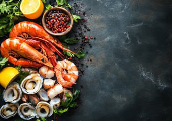 A beautifully arranged seafood platter featuring succulent shrimp, fresh oysters, and a vibrant lemon. This image captures the essence of a gourmet seafood experience, perfect for food blogs, recipe a