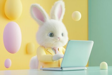 A fluffy white bunny in a yellow suit works on a light teal laptop against a pastel background.
