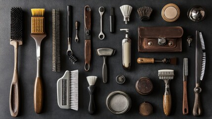 Vintage grooming kit neatly arranged on a dark background showcasing timeless tools