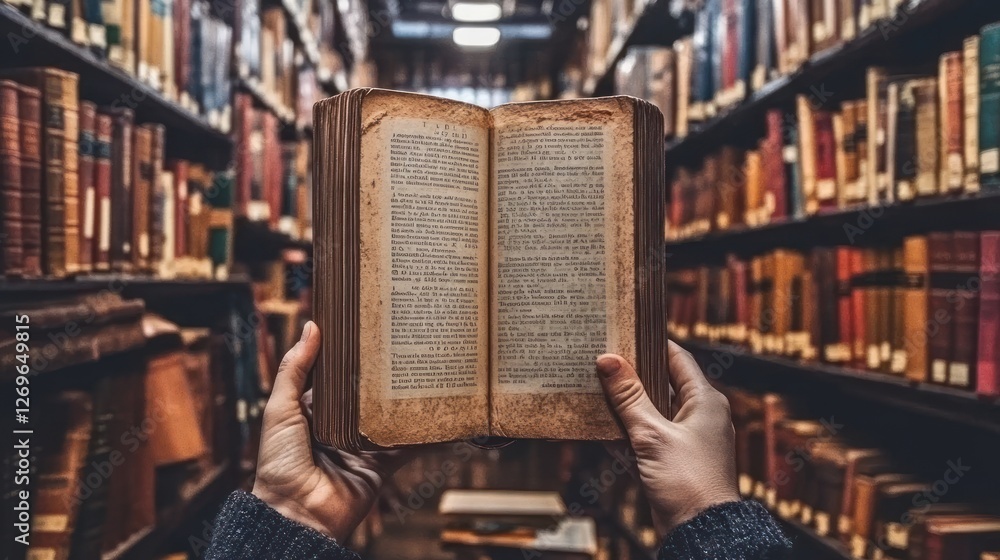 Poster hands hold open ancient book in library