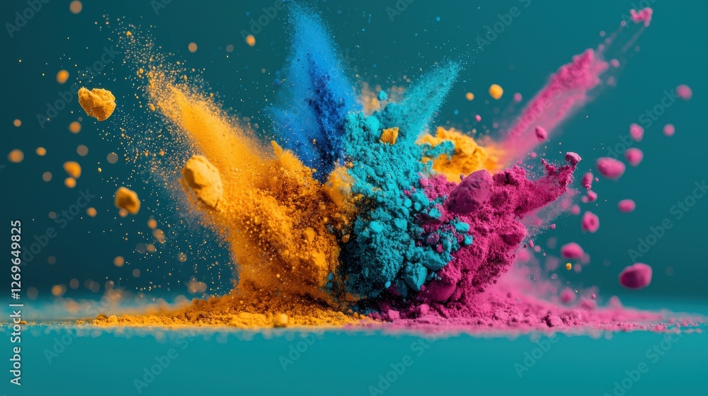 Poster vibrant color explosion abstract art studio setting dynamic composition close-up view creative expre