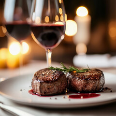 delicious appetizing fried steak meat in a restaurant with a glass of wine and candles