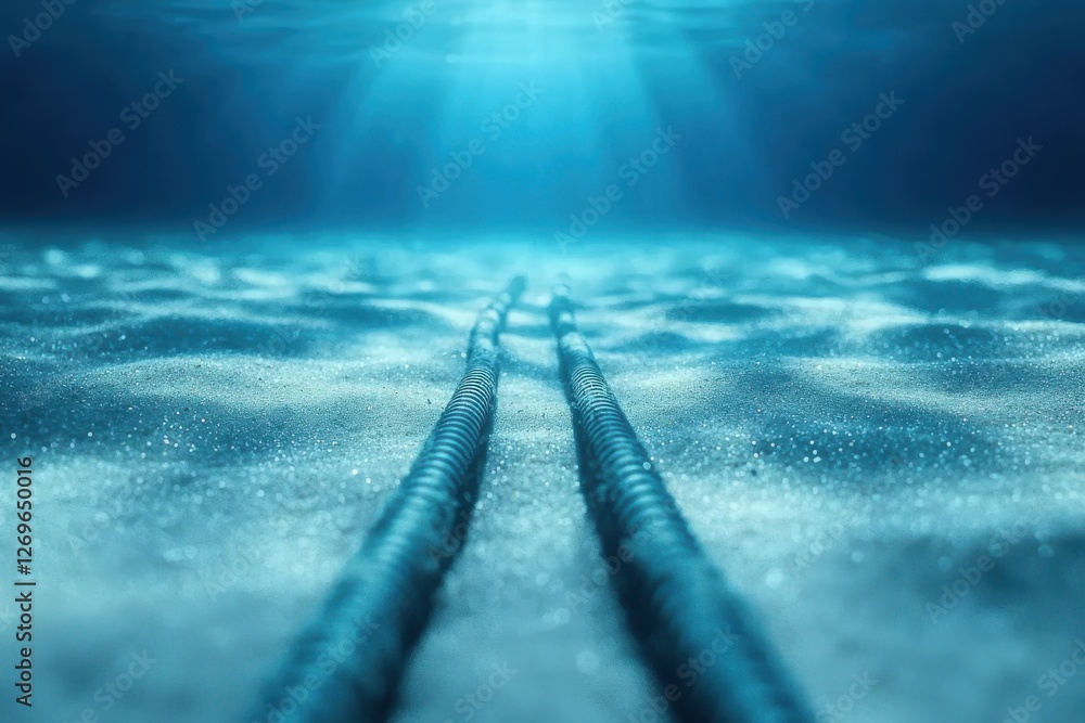 Poster the length of the cable. underwater scene with two parallel lines on the sandy ocean floor illuminat