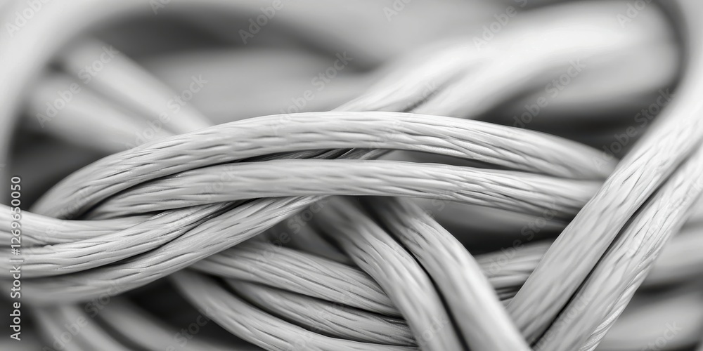 Poster the length of the cable. close-up of intertwined gray cords creating a textured pattern in monochrom