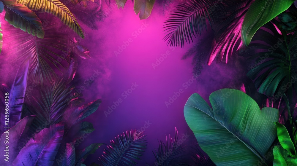 Wall mural Tropical leaves surround a colorful fog bathed in neon light