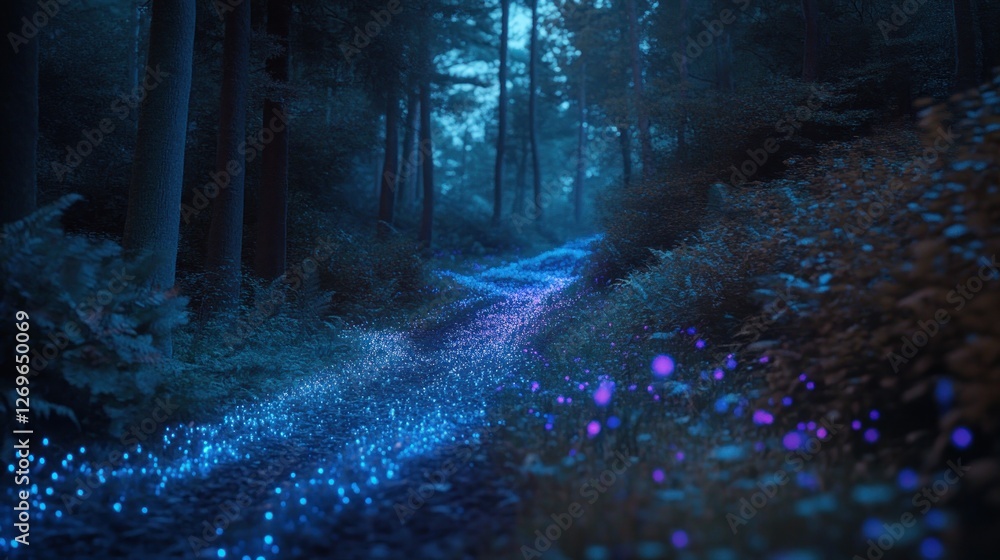 Poster enchanted forest pathway illuminated by bioluminescent flora and fauna