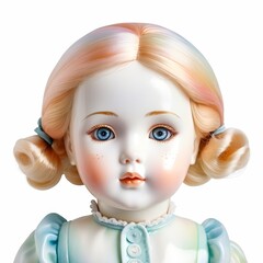 Fototapeta premium A doll with blonde hair and blue eyes is sitting on a white background