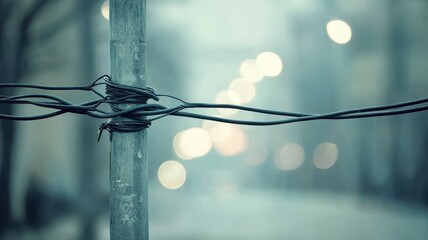 The length of the cable. Close-up of barbed wire wrapped around a pole with a blurred background of lights.